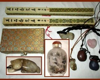 Fancy Chopsticks and Chopstick Boxes, Wonderful Large Stone Dog Pendant, Signed Snuff Bottle and Stone Amphora Pendants