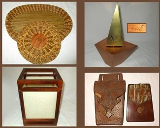 Baskets, Metal Sculpture Signed Patricia, Small Modernist Lamp and Home Made Musical Instrument with Case 