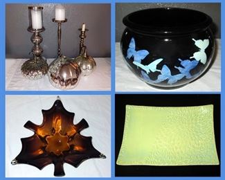 Silver Colored Candle Holders, Butterfly Planter, Glass Leaf Dish and Signed Pottery Platter 