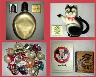 Vintage Canteen with Asian Characters; Marked, Vintage German Erphila Cat Teapot, Vintage Christmas Ornaments and Small Sample of the Books Available 