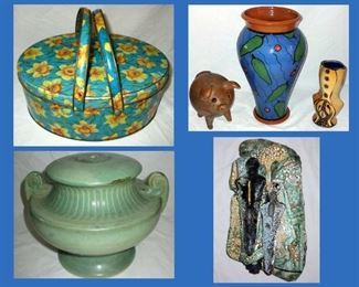 Vintage Tin, Good Pottery Pieces and Pottery Lamp Base