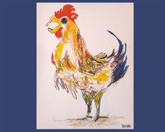 Signed Rooster Oil on Canvas