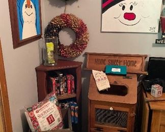 VHS movies, antique crates, home decor