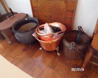 copper, brass & wood buckets