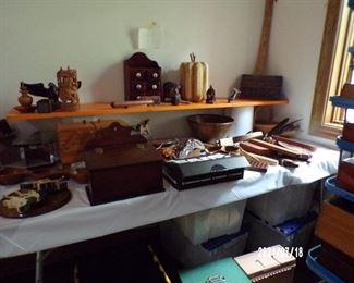 many small wooden primitives & boxes, etc