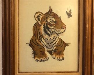 Framed Crewel Embroidery Tiger