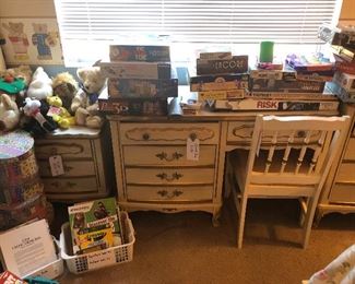 1960s French Provincial Bedroom set - Full Size Bed, Desk, Chair, Nightstand, Dresser, Loads of Games and Toys, Sudoko Books, and Children's Books