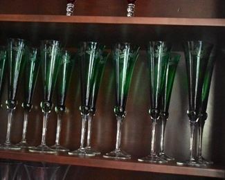 Beautiful Crystal Stemware Etched Flutes in Green