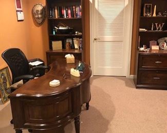 Office desk, bookcases