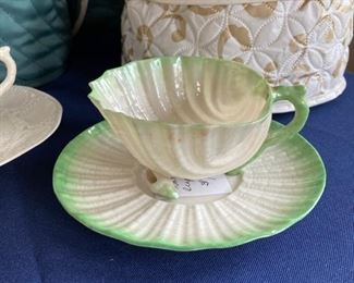Belleek Green Shell Teacup and Saucer