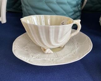 Belleek White Shell Teacup with Saucer