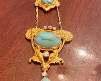 Amazing Vintage 14k gold, diamond and Turquoise Ladies necklace, stunning museum quality piece