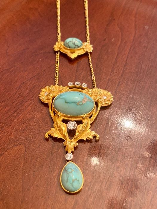 Amazing Vintage 14k gold, diamond and Turquoise Ladies necklace, stunning museum quality piece