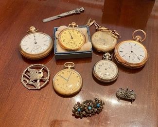 Many antique pocket watches, three are 14k gold