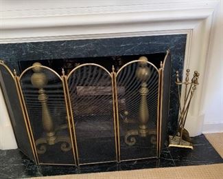 Large brass andirons, brass fire screen brass fire tools