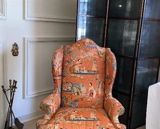 beautiful upholstered wing chair, 3 panel mirrored screen