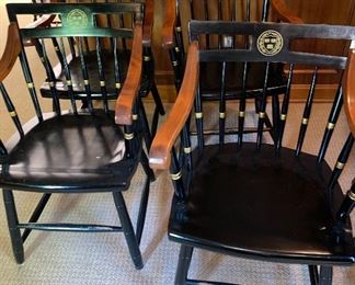 black lacquer game table chairs, Harvard emblem on back