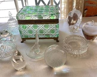 assorted paperweights, etc, Green cut to clear crystal box. Sold