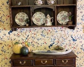 hanging hutch top Colonial cabinet with drawers, sold, collection of Choctaw baskets