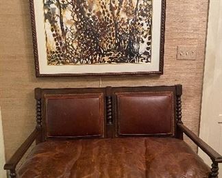 Leather love seat,  sold.              Jony Waite "Giraffe" print/wash, 28" x 34" . Gallery Watatu in Nairobi Kenya
