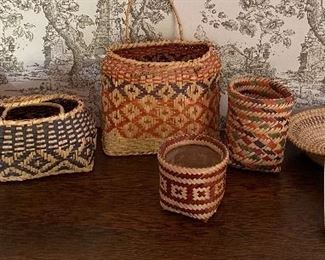 Assorted Choctaw baskets, low country basket by Mary Jackson-sold