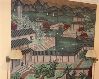 Beautiful large hand painted 4 panel screen