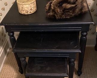 nest of tables, coon skin cap, Indian drums