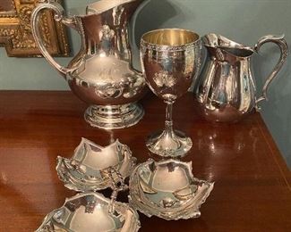 Sterling Reed & Barton water pitcher with hand engraved J,sold. other assorted silver plate