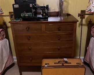 cherry Sheraton chest, vintage Singer sewing machine, vintage suitcase, Blenko hurricane