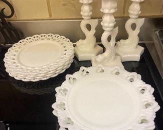 Milk glass plates and candlesticks