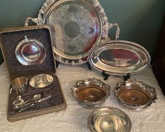 sterling baby set, coasters, compote and bread tray, round silver plate tray