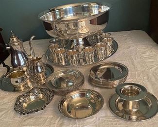 beautiful silver plate punch bowl, cups and tray, sterling bread & butters, sterling tea set, Reed & Barton sterling Top Hat cigarette/toothpick/demitasse spoon holder