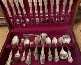 Set of Reed & Barton, Francis 1st sterling flatware, 10-4 piece place settings, 6 cream soup and 6 cocktail forks , gravy, 2 tablespoons, master butter, sugar shell, cold meat fork and few extra pieces