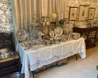 Lots of silver serving pieces and sets of china, Mary Kirk Kelly vegetables