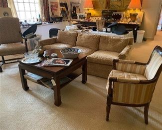 Beautiful tuxedo sofa, Asian coffee table, large carved chair, Italian arm chair