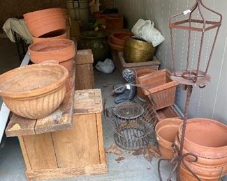 Lovely terra cotta pots, iron lantern on stand