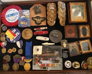 Military medals, campaign buttons, knives, tin types and more