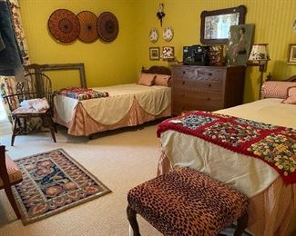 Lovely pair of twin beds with custom coverlets and pillows, Hans made yo-yo quilts,
