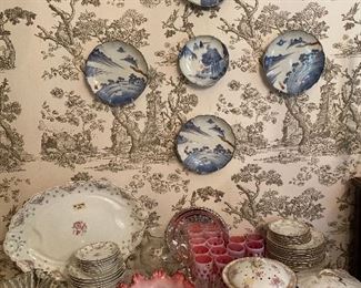 Limoges china, brides bowl, pink coin dot glasses, collection of Blue and white Imari