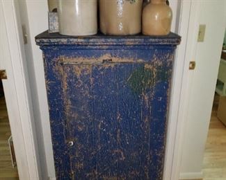 Large Blue Vintage Cabinet. Middle Crock...New York Blue Decorated Jug...New England. 