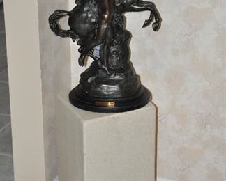 Pegasus and Medusa Sculpture by Foundry J.B. Hirsch, After Emile Louis Picault, 22"w x 20"h x 18"d Shown on top of a Marble Pedestal,10" x 18" x 10"