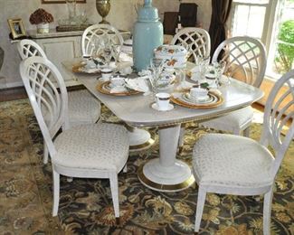 Henredon Furniture Charisma Collection Contemporary Modern Dining Table and 6 Chair Set. Table is 66"w x 30"h x 42"d with two 22" Leaves