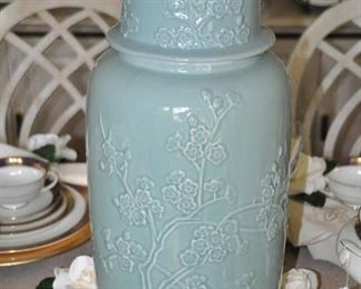 Fantastic Celadon Cherry Blossom Ginger Jar, 24"h