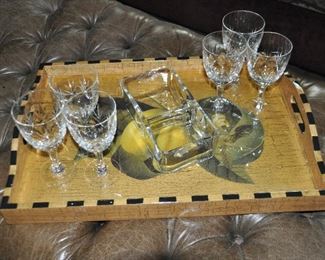 Decorative Wooden Serving Tray Shown with a set of Cut Glass Goblets and a Great Divided Candy Dish