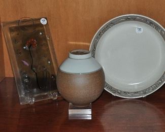 Nina Cambron, signed,Glass Art, 7" x 12" Shown with signed Pottery Ginger Jar and Plate