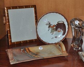 A Lacquer 8x10 Frame, Signed Ceramic Tray with Handles, a signed Hand-Painted Antique Plate and a Heavy Glass Vase, France