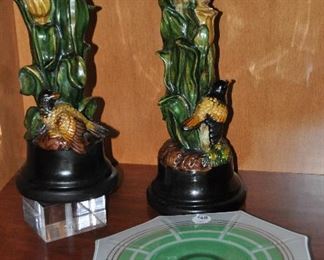 Pair of Sculpted 14" Candlesticks, and an Octagonal Glass Plate on Pedestal, 11.5" Diameter