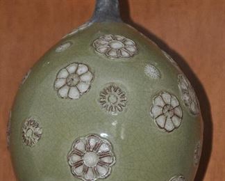 12" Green Pottery Vessel with Sculpted Floral Design
