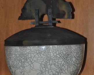 Crackle-Design Ceramic Bowl with Metal Top and Lid, signed, 11' Diameter, 14"H