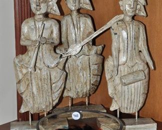 Large 3 Musicians, Wood Sculptures, 20"H and a Beautiful 10" Glass Bowl on Pedestal
